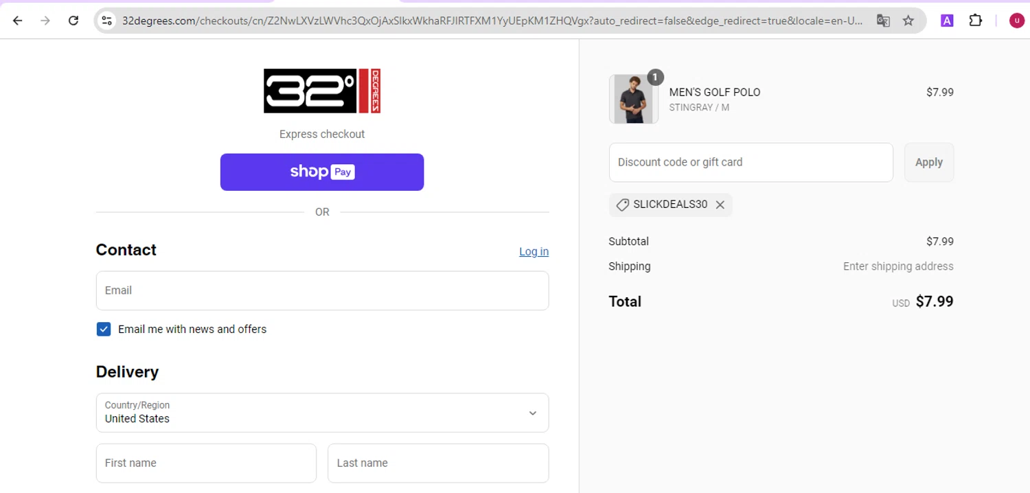 32 Degrees discount code screenshot showing code SLICKDEALS30 applied at 32 Degrees checkout page. Uploaded by SimplyCodes community member CrownVirtuoso6975 on Jun 18, 2025
