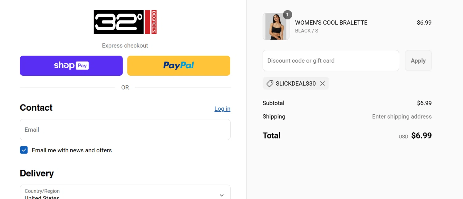 32 Degrees discount code screenshot showing code SLICKDEALS30 applied at 32 Degrees checkout page. Uploaded by SimplyCodes community member Gaby04 on Jul 21, 2025