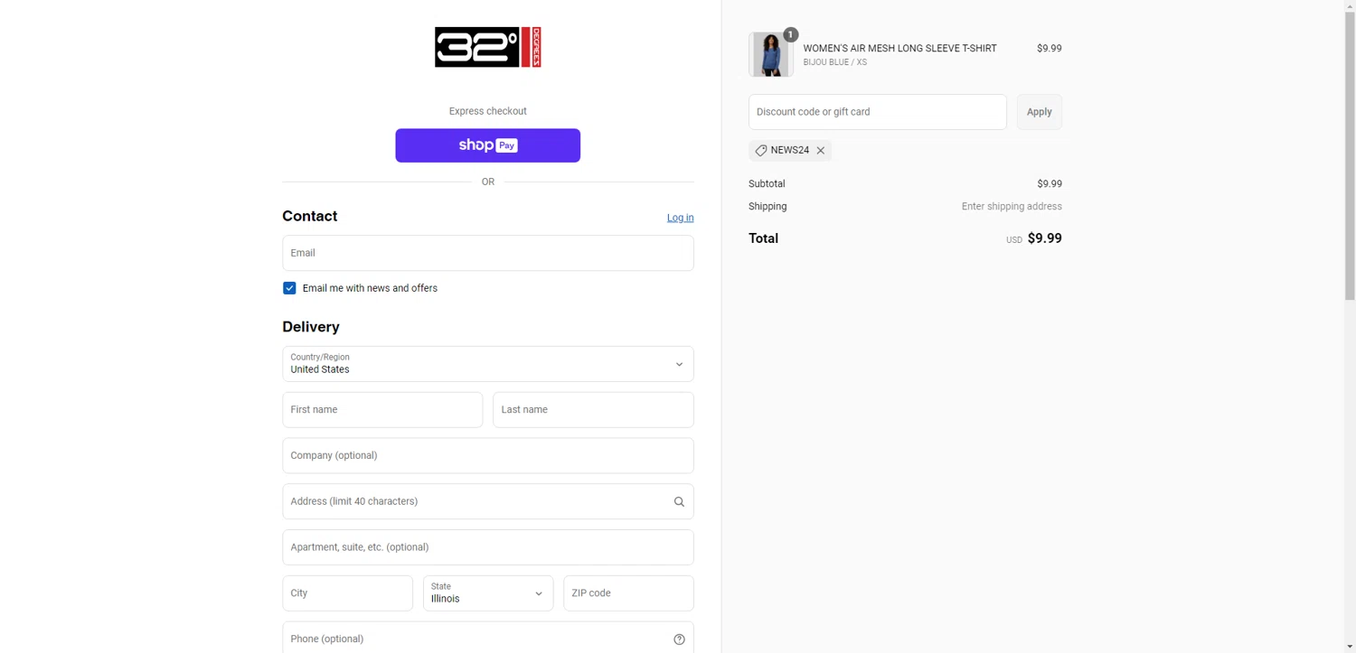 32 Degrees discount code screenshot showing code NEWS24 applied at 32 Degrees checkout page. Uploaded by SimplyCodes community member aver_136263192 on Jun 1, 2025