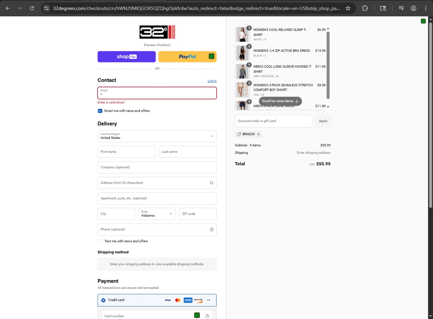 32 Degrees discount code screenshot showing code BRAD24 applied at 32 Degrees checkout page. Uploaded by SimplyCodes community member Diegooooo on Aug 24, 2025