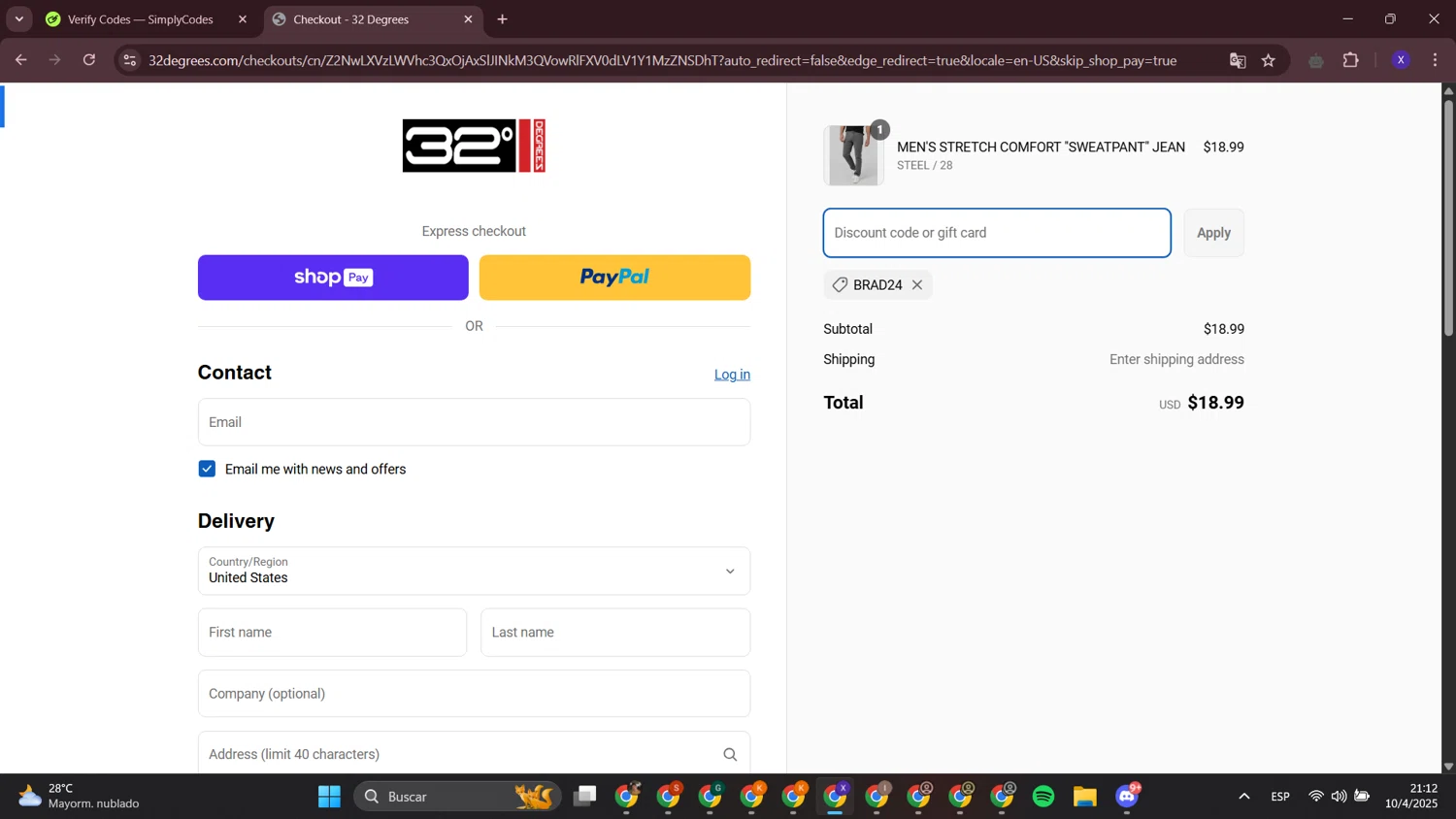 32 Degrees discount code screenshot showing code BRAD24 applied at 32 Degrees checkout page. Uploaded by SimplyCodes community member LewisHamilton on Apr 11, 2025