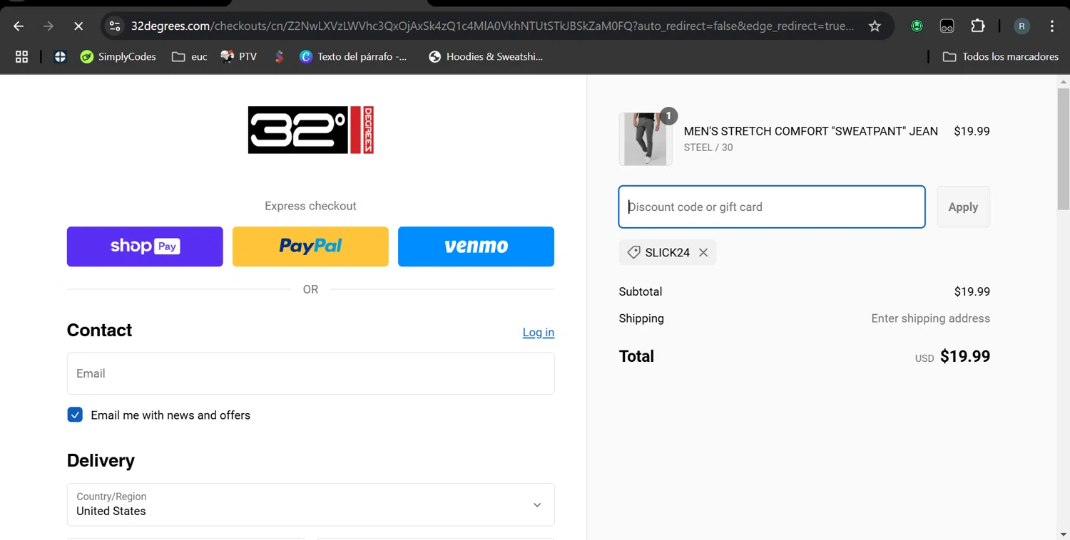 32 Degrees discount code screenshot showing code SLICK24 applied at 32 Degrees checkout page. Uploaded by SimplyCodes community member MarcoReus on Feb 27, 2025
