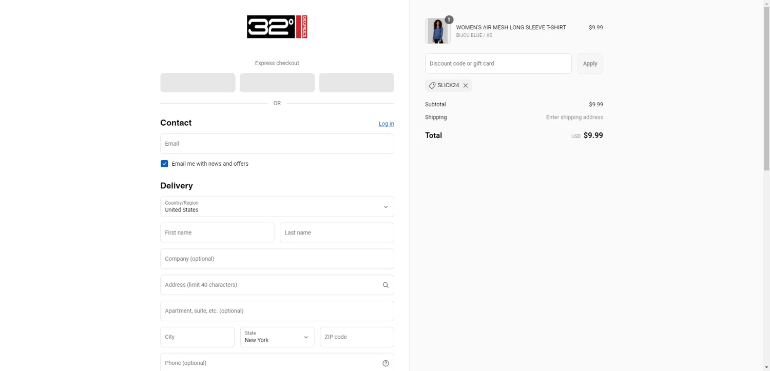 32 Degrees discount code screenshot showing code SLICK24 applied at 32 Degrees checkout page. Uploaded by SimplyCodes community member PennyRanger8219 on May 3, 2025
