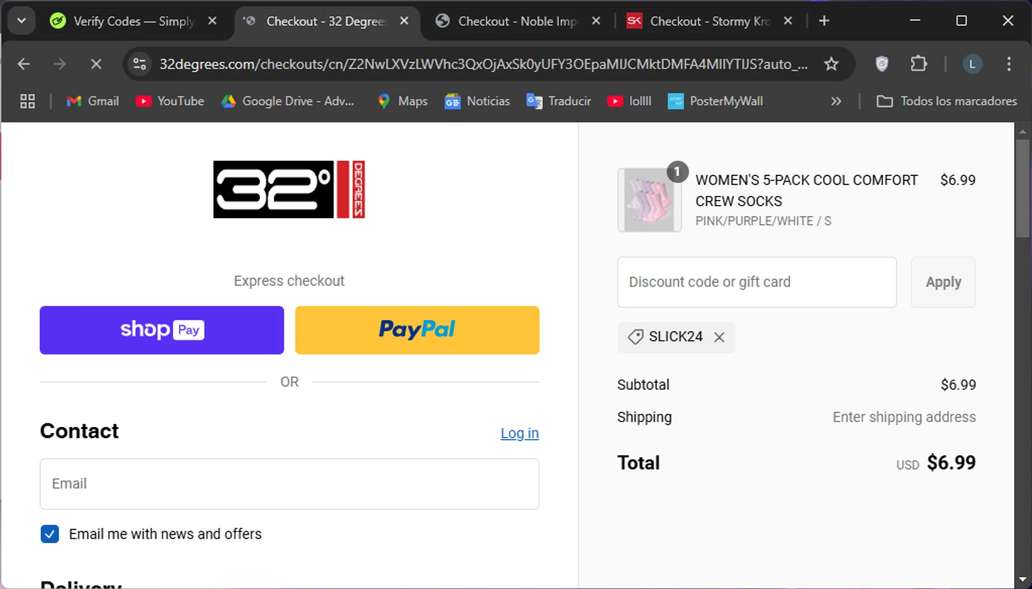 32 Degrees discount code screenshot showing code SLICK24 applied at 32 Degrees checkout page. Uploaded by SimplyCodes community member edmundo on Feb 14, 2025