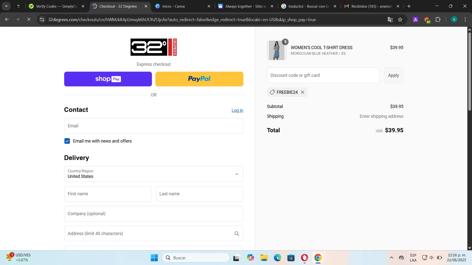 32 Degrees discount code screenshot showing code FREEBIE24 applied at 32 Degrees checkout page. Uploaded by SimplyCodes community member CouponSentinel181 on Jun 21, 2025
