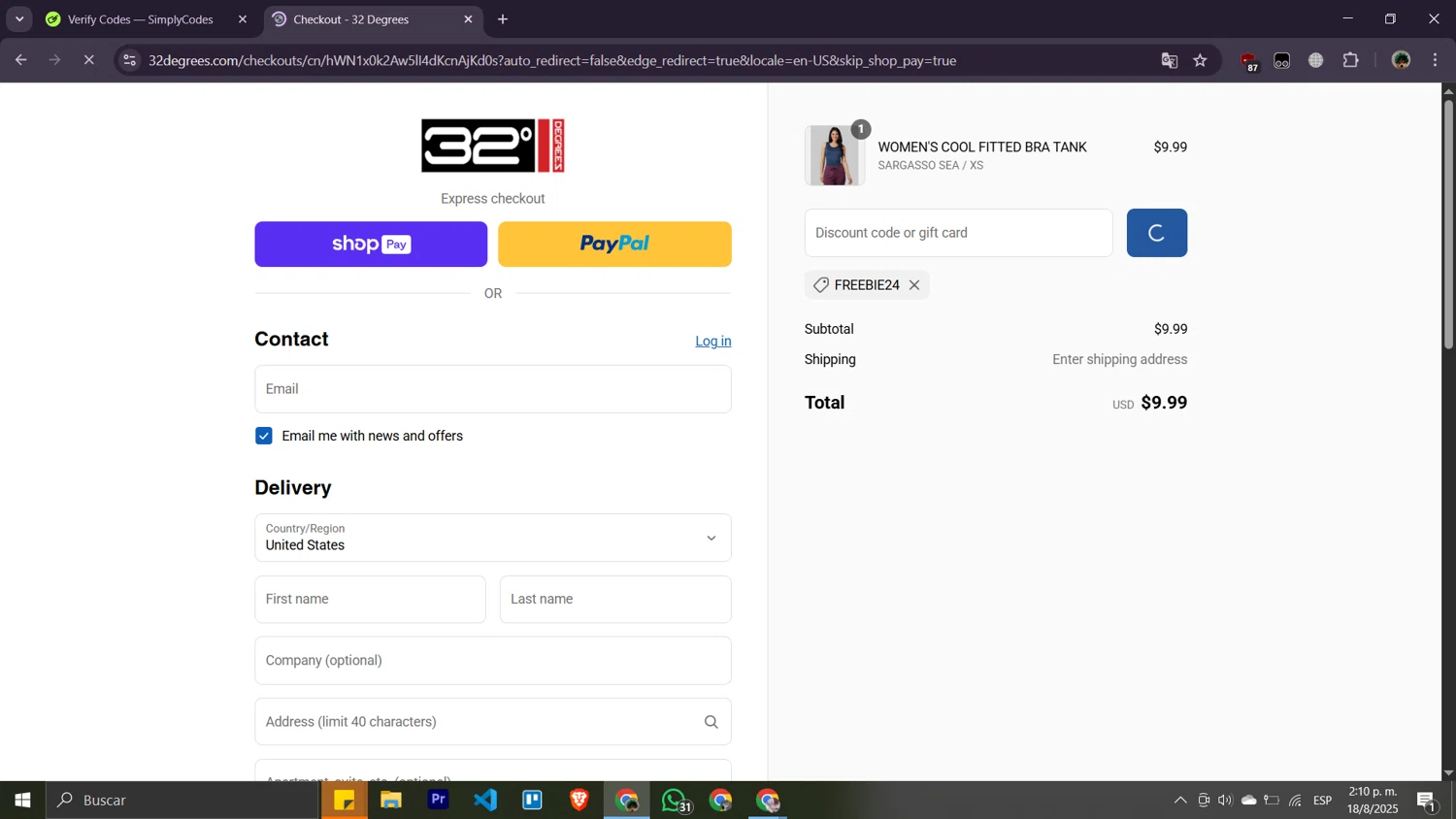 32 Degrees discount code screenshot showing code FREEBIE24 applied at 32 Degrees checkout page. Uploaded by SimplyCodes community member Moisesdk0 on Aug 18, 2025