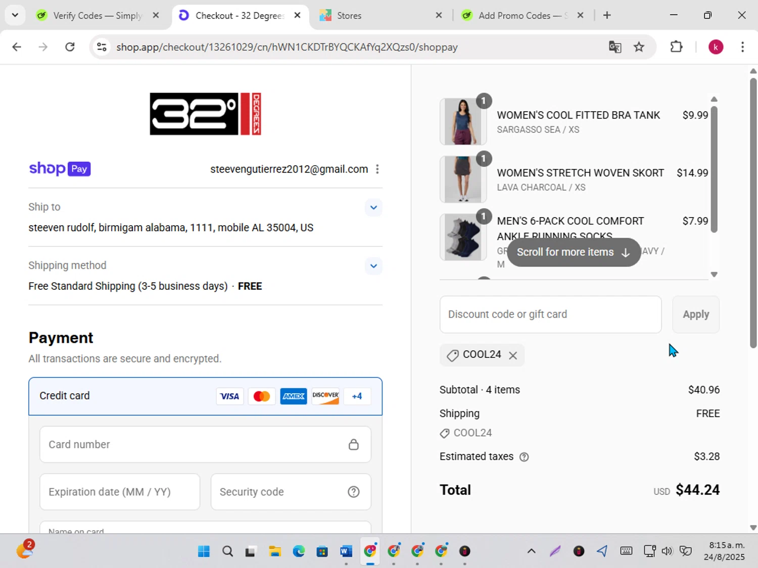 32 Degrees discount code screenshot showing code COOL24 applied at 32 Degrees checkout page. Uploaded by SimplyCodes community member karoline on Aug 24, 2025