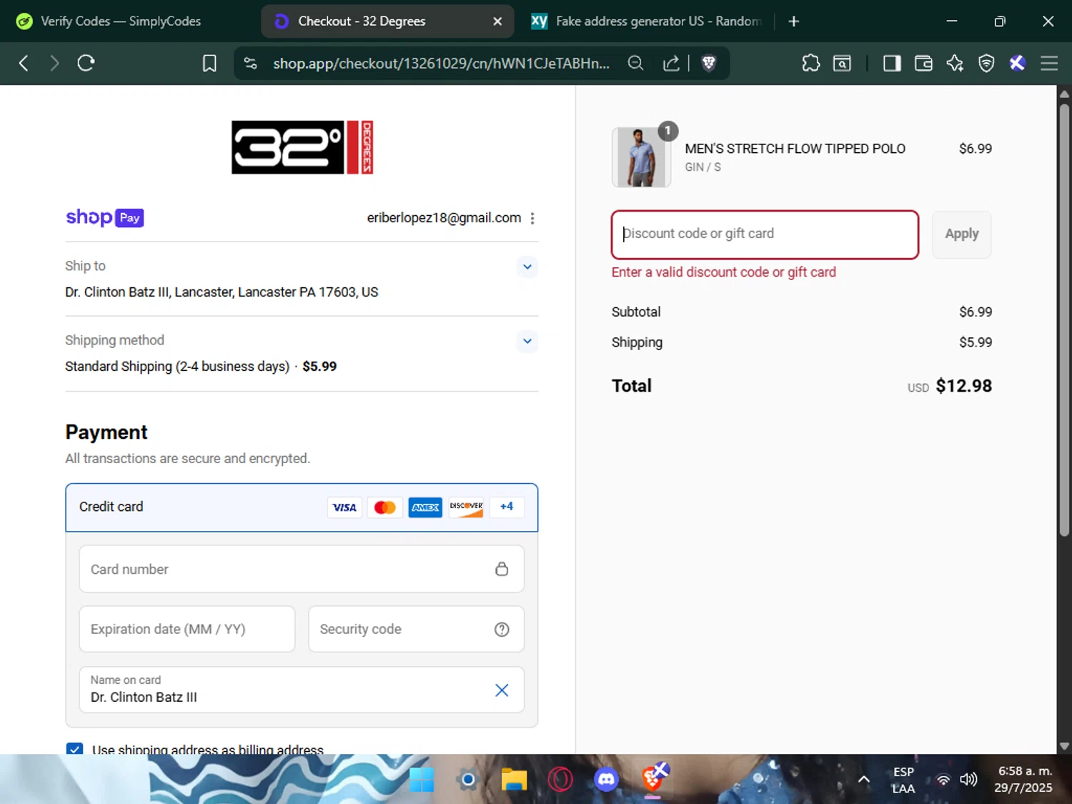 32 Degrees discount code screenshot showing code BRADTOP applied at 32 Degrees checkout page. Uploaded by SimplyCodes community member Mafer69 on Jul 29, 2025