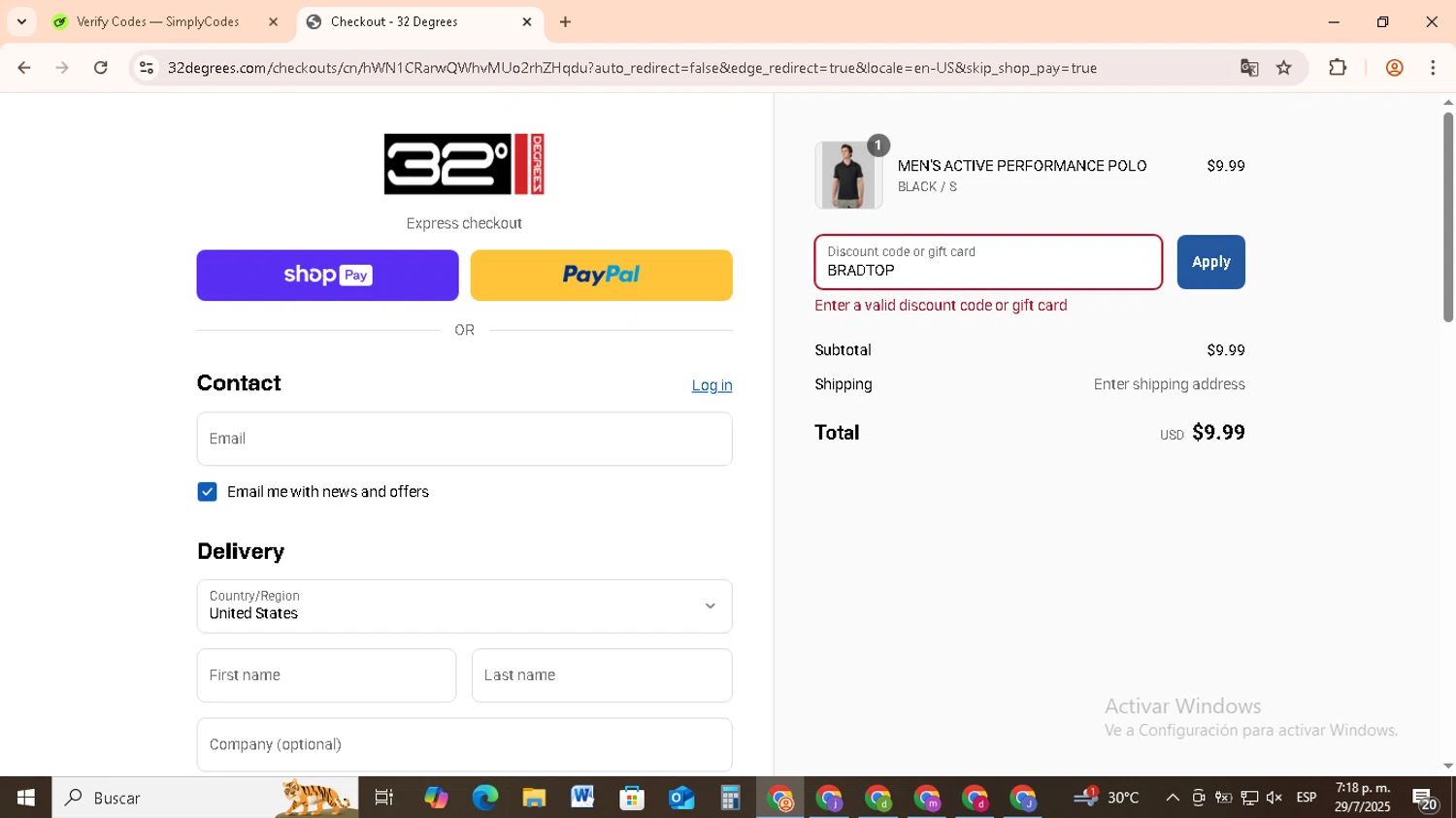 32 Degrees discount code screenshot showing code BRADTOP applied at 32 Degrees checkout page. Uploaded by SimplyCodes community member RebateCollector5909 on Jul 29, 2025