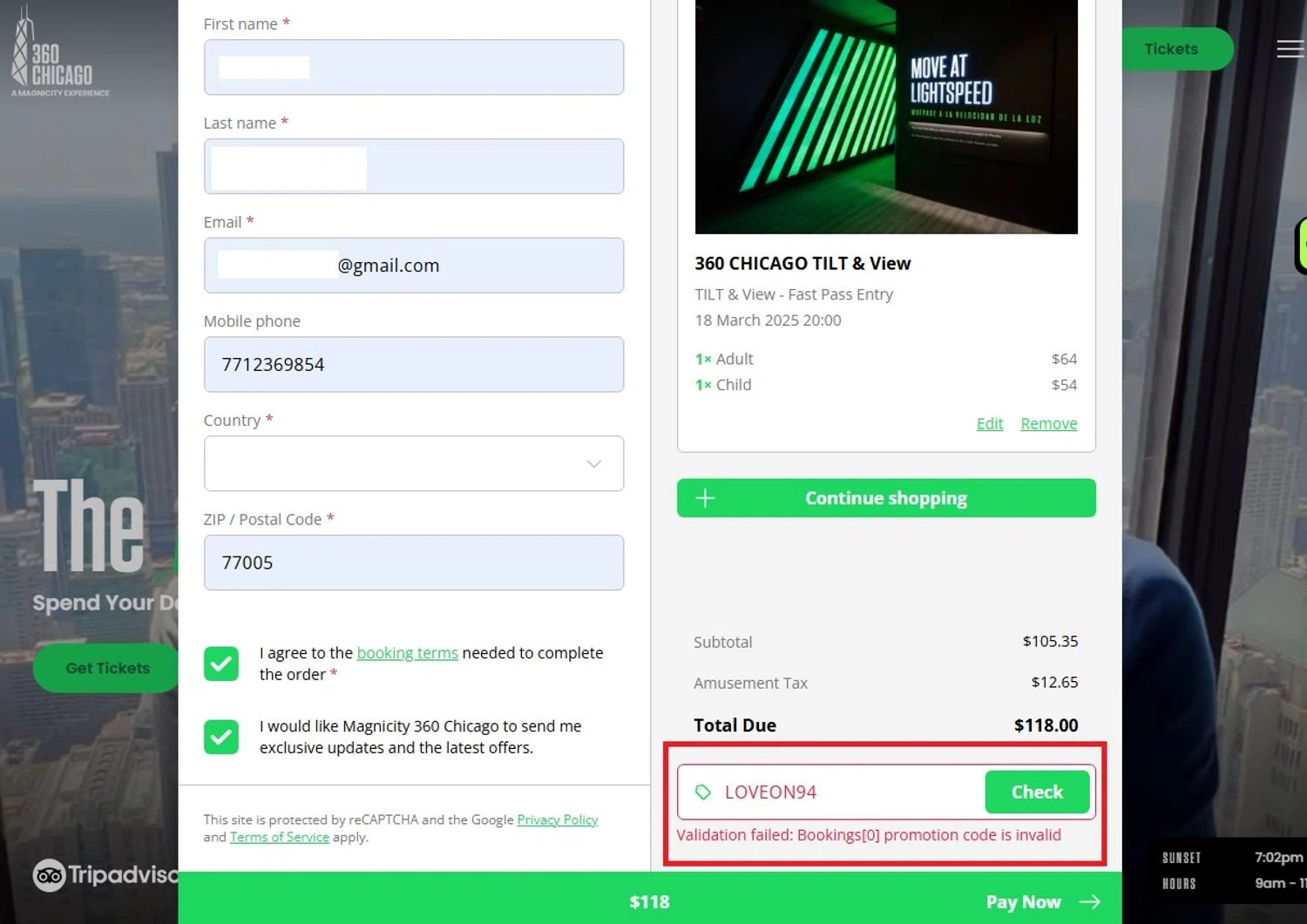 360 CHICAGO promo code screenshot showing code LOVEON94 applied at 360 CHICAGO checkout page. Uploaded by SimplyCodes community member criah256752 on Mar 18, 2025