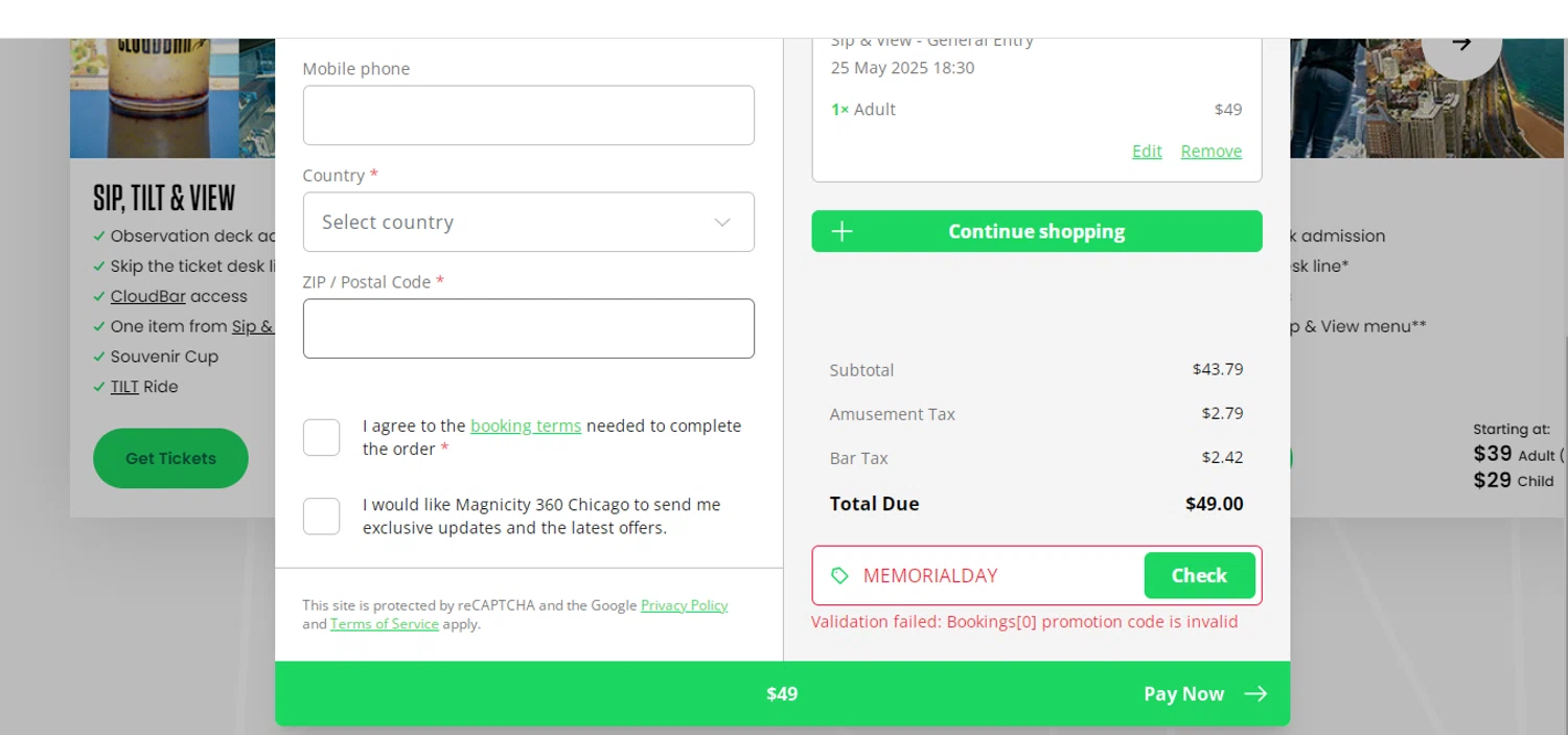 360 CHICAGO promo code screenshot showing code MEMORIALDAY applied at 360 CHICAGO checkout page. Uploaded by SimplyCodes community member obito1234 on May 25, 2025
