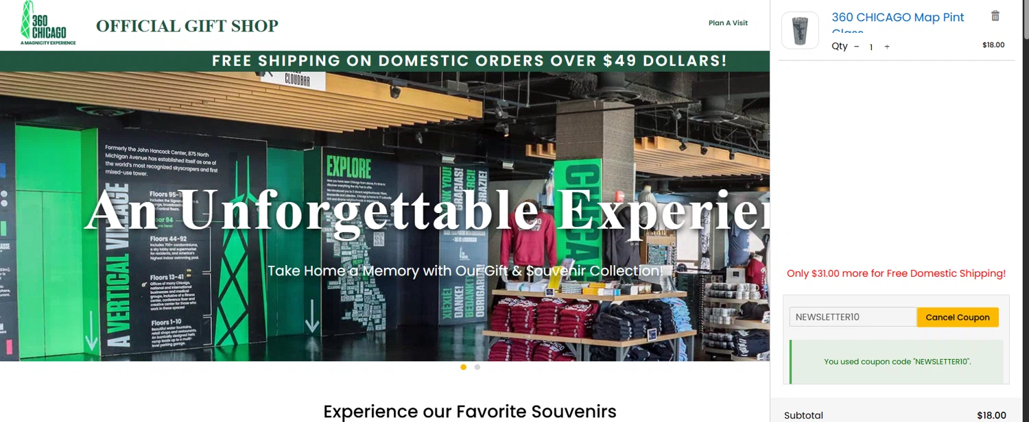 360 CHICAGO promo code screenshot showing code NEWSLETTER10 applied at 360 CHICAGO checkout page. Uploaded by SimplyCodes community member Dejadepicharme on Jan 26, 2026