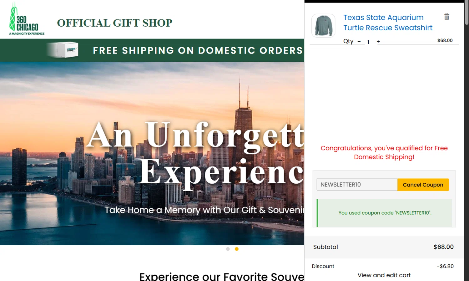 360 CHICAGO promo code screenshot showing code NEWSLETTER10 applied at 360 CHICAGO checkout page. Uploaded by SimplyCodes community member Dejadepicharme on Sep 22, 2025