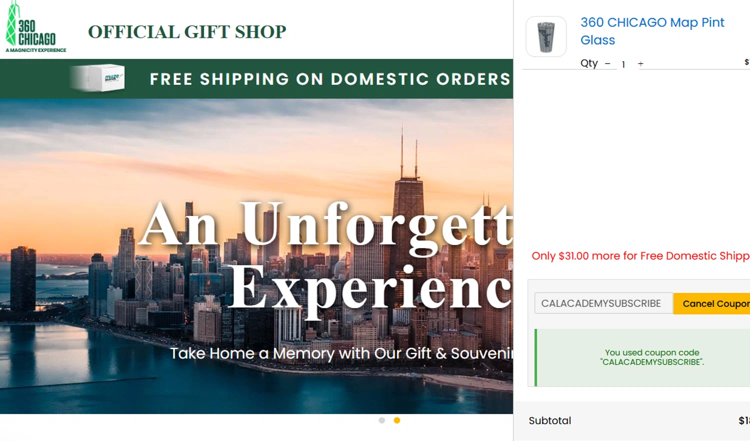 360 CHICAGO promo code screenshot showing code CALACADEMYSUBSCRIBE applied at 360 CHICAGO checkout page. Uploaded by SimplyCodes community member Dejadepicharme on Oct 12, 2025