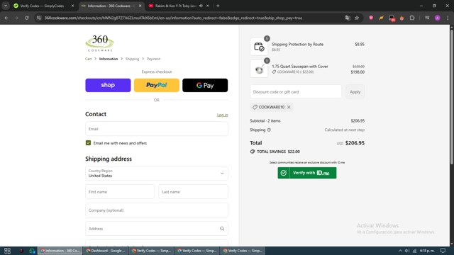 360 Cookware checkout page showing 360 Cookware discount code box | Screenshot taken by SimplyCodes community member on Sep 6, 2025