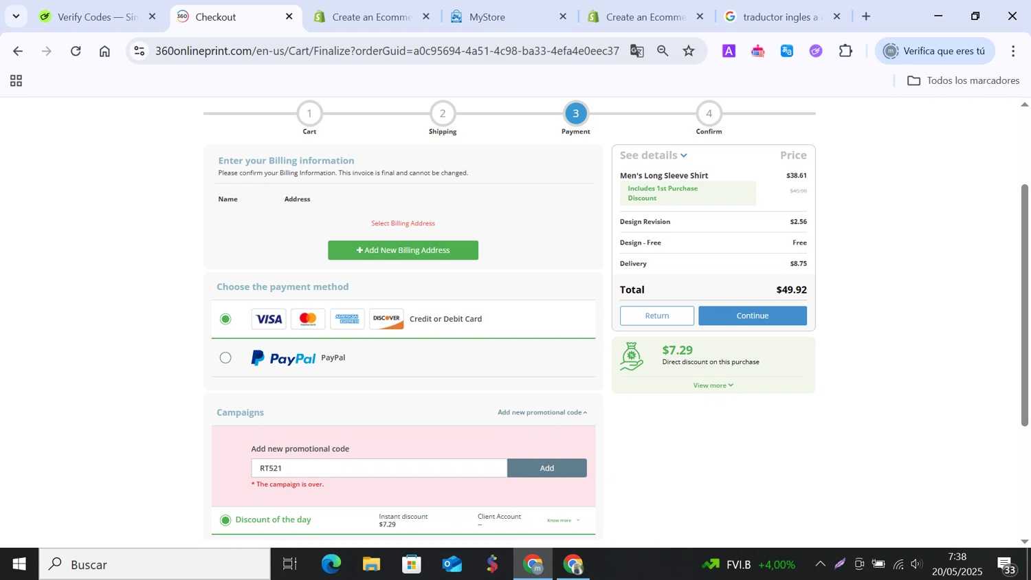 360onlineprint coupon code screenshot showing code RT521 applied at 360onlineprint checkout page. Uploaded by SimplyCodes community member MANUELURBINA on May 20, 2025