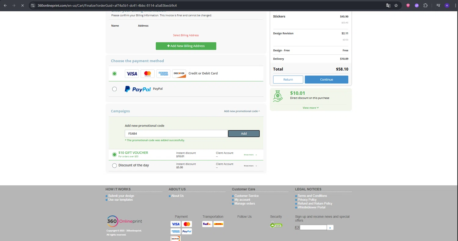 360onlineprint checkout page showing 360onlineprint coupon code box | Screenshot taken by SimplyCodes community member on Jul 14, 2025