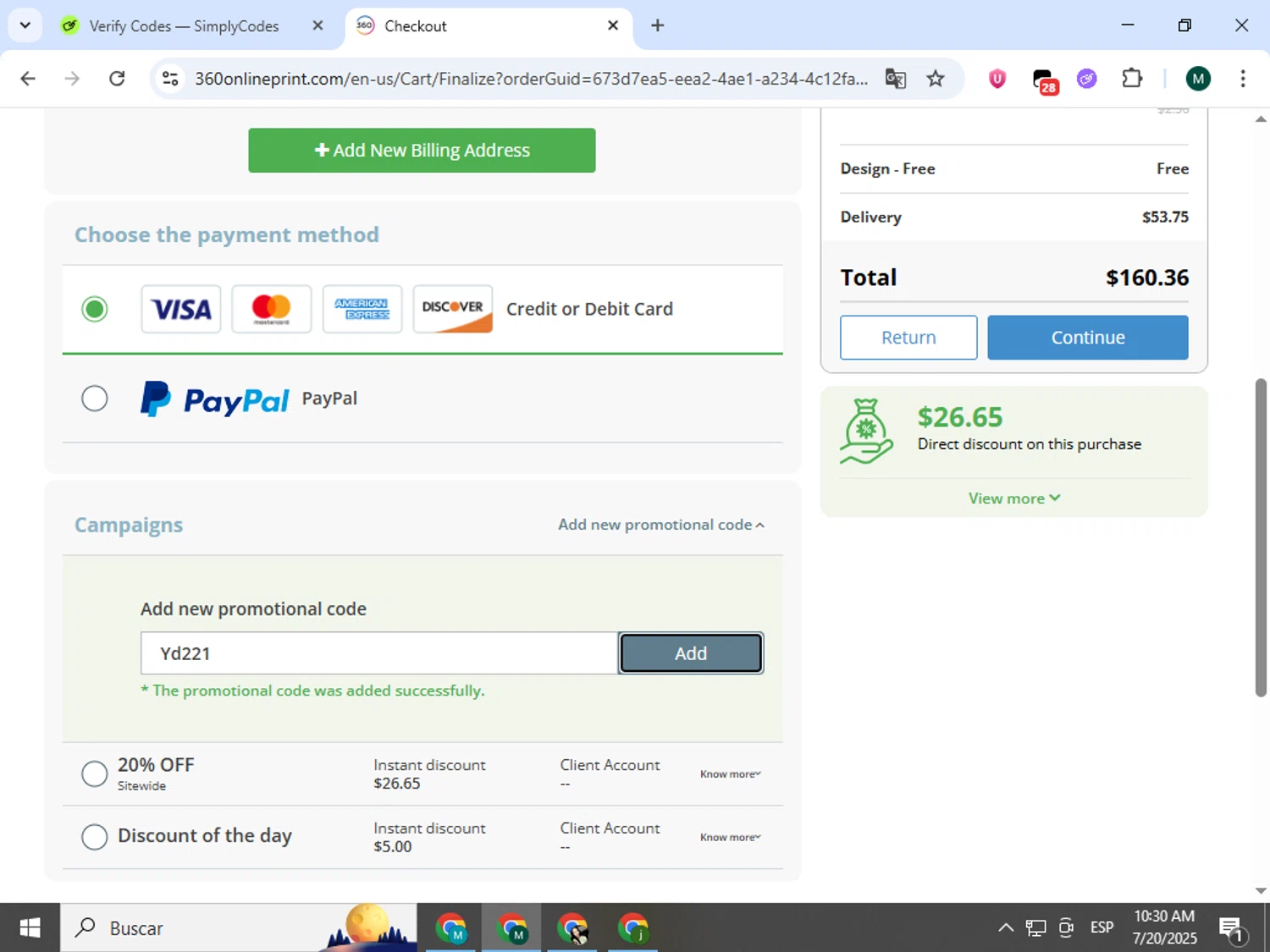 360onlineprint checkout page showing 360onlineprint coupon code box | Screenshot taken by SimplyCodes community member on Jul 20, 2025