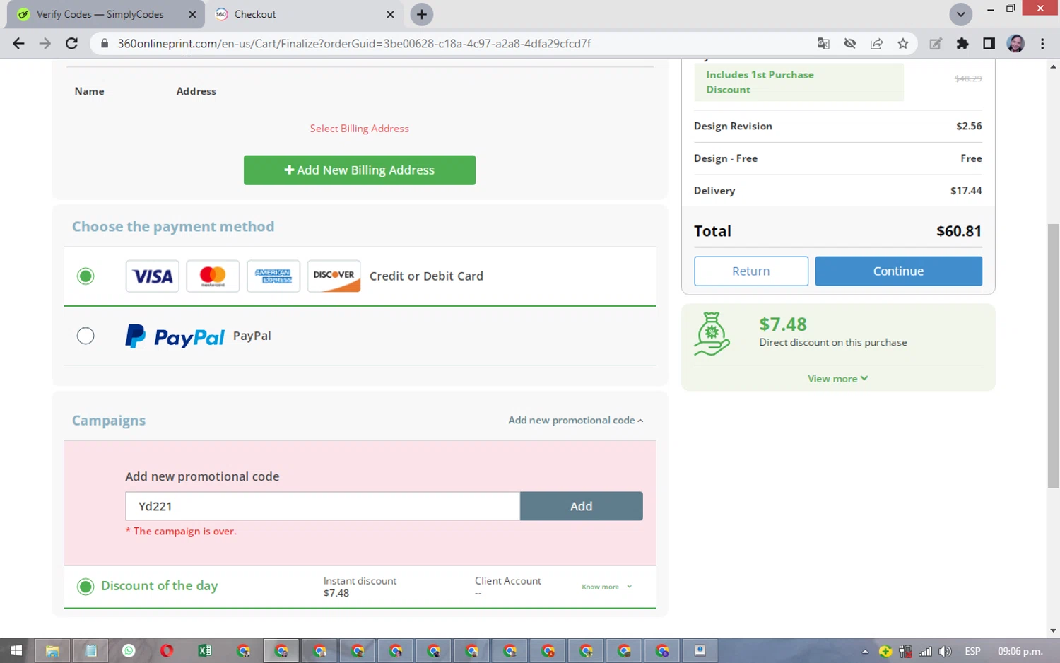 360onlineprint coupon code screenshot showing code Yd221 applied at 360onlineprint checkout page. Uploaded by SimplyCodes community member MarielisPb on Jul 28, 2025