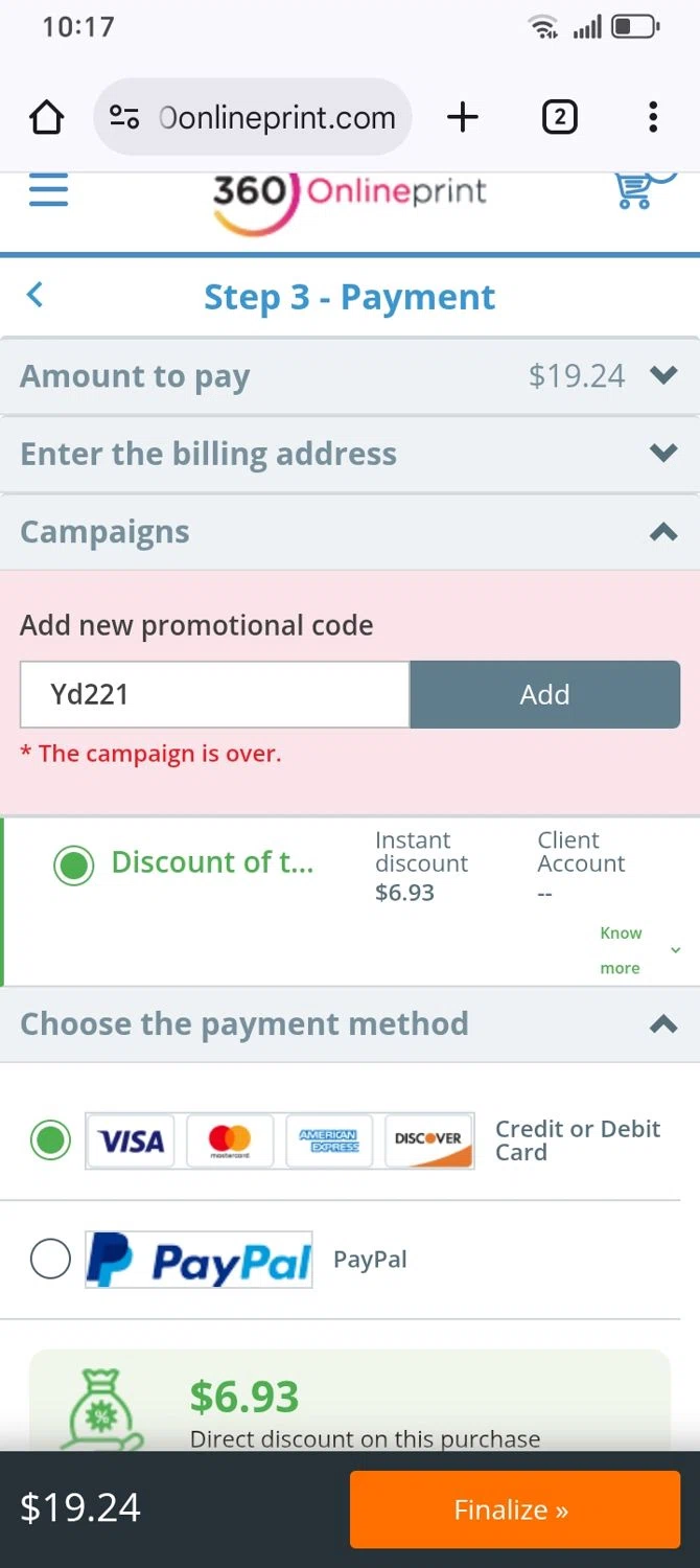 360onlineprint coupon code screenshot showing code Yd221 applied at 360onlineprint checkout page. Uploaded by SimplyCodes community member franksanchez on Jul 28, 2025