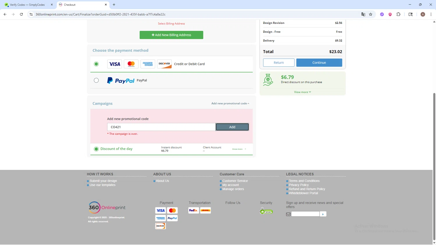 360onlineprint coupon code screenshot showing code CO421 applied at 360onlineprint checkout page. Uploaded by SimplyCodes community member SwiftSage2309 on Aug 23, 2025