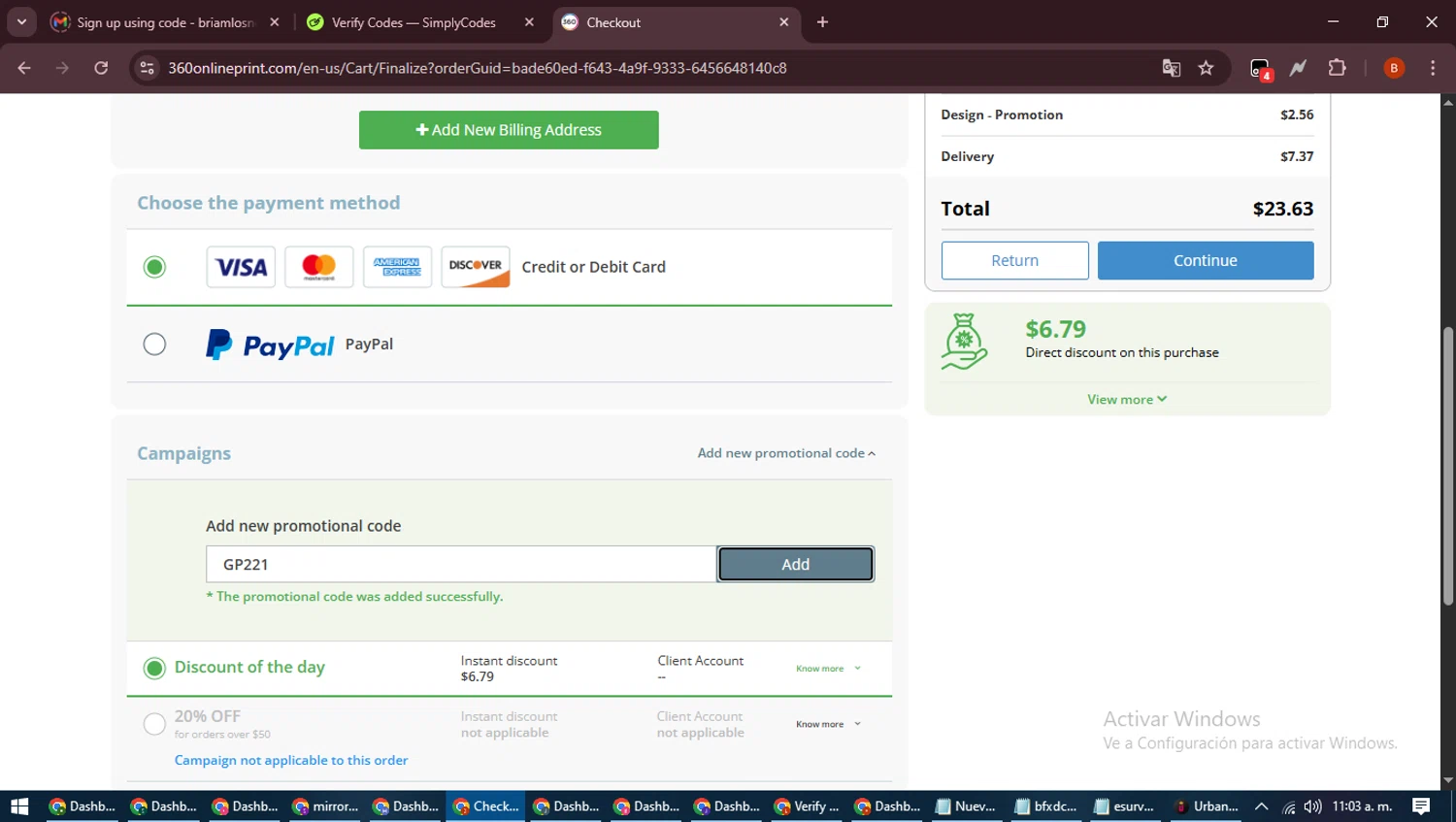 360onlineprint checkout page showing 360onlineprint coupon code box | Screenshot taken by SimplyCodes community member on Aug 24, 2025