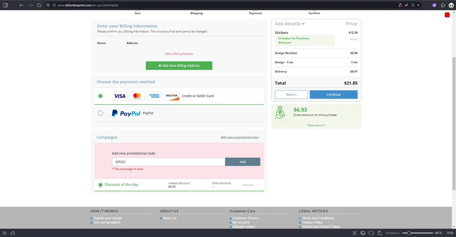 360onlineprint coupon code screenshot showing code GP321 applied at 360onlineprint checkout page. Uploaded by SimplyCodes community member Jeremi on Aug 27, 2025
