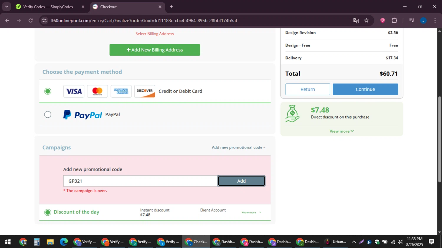 360onlineprint coupon code screenshot showing code GP321 applied at 360onlineprint checkout page. Uploaded by SimplyCodes community member noesmith34ur on Aug 27, 2025