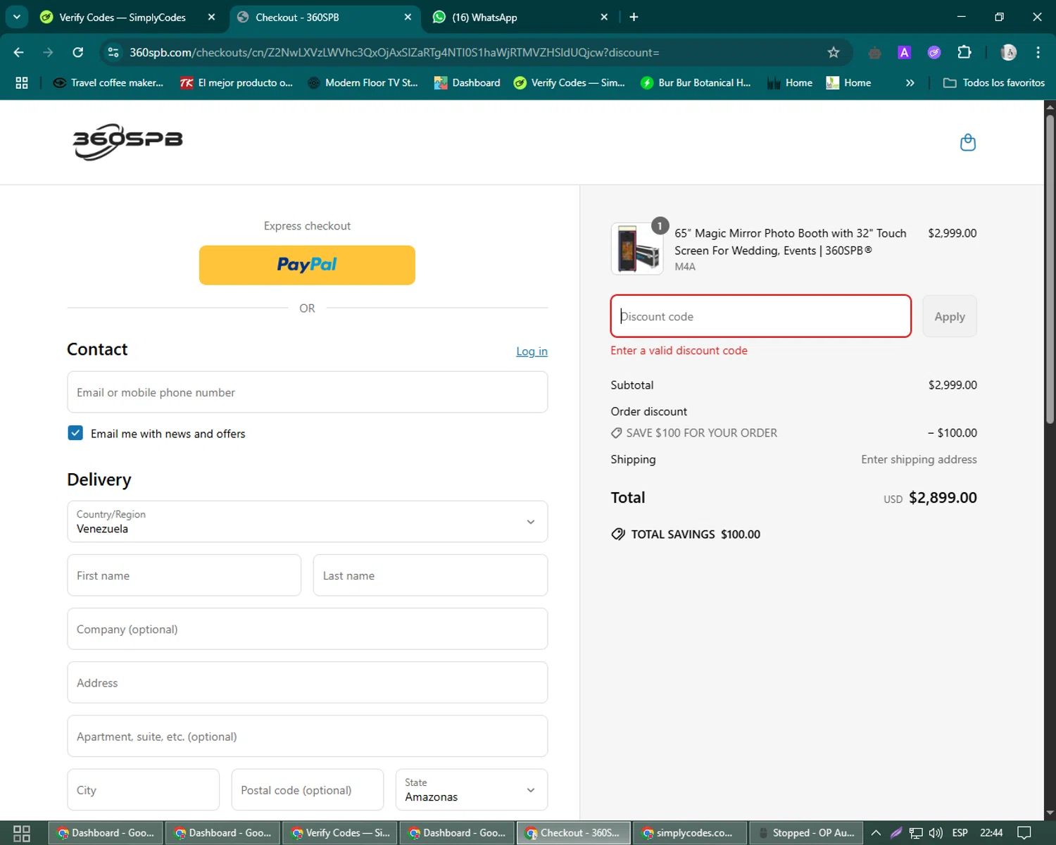 360SPB promo code screenshot showing code SAVE$100FORYOURORDER applied at 360SPB checkout page. Uploaded by SimplyCodes community member John_Johnson on May 23, 2025