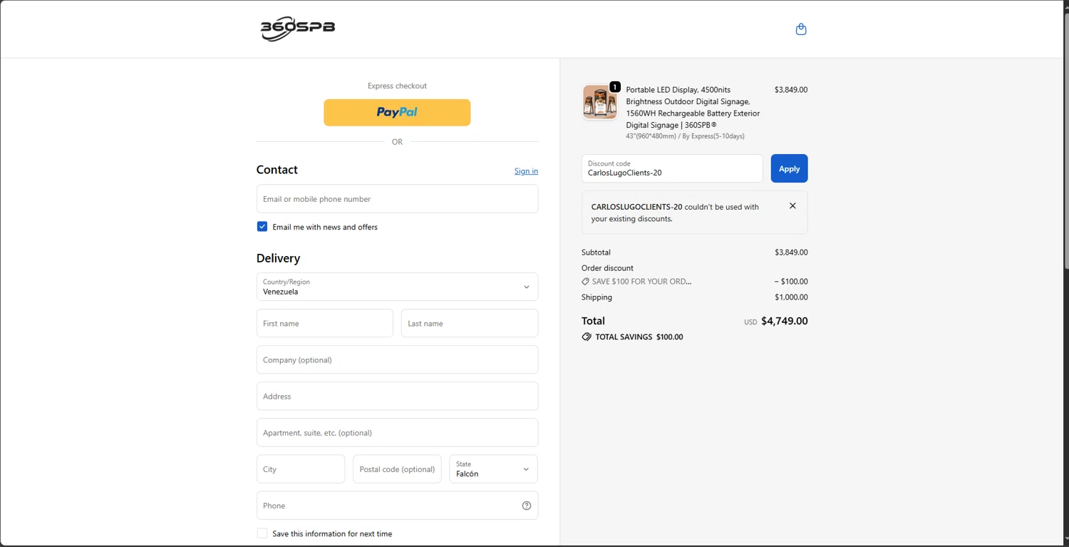 360SPB promo code screenshot showing code CarlosLugoClients-20 applied at 360SPB checkout page. Uploaded by SimplyCodes community member brrrrr on Oct 23, 2025