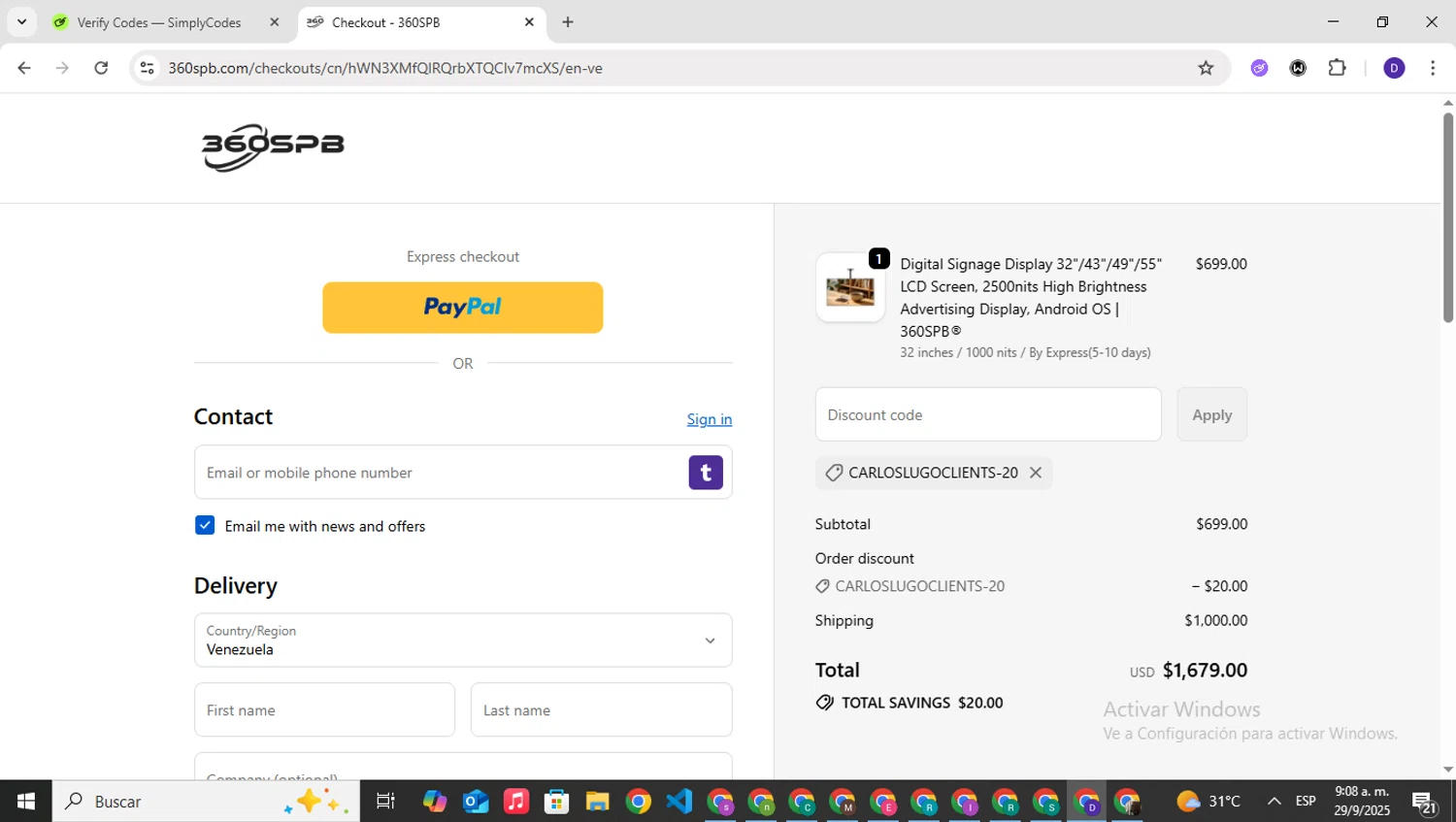 360SPB promo code screenshot showing code CarlosLugoClients-20 applied at 360SPB checkout page. Uploaded by SimplyCodes community member PrimeNavigator3251 on Sep 29, 2025