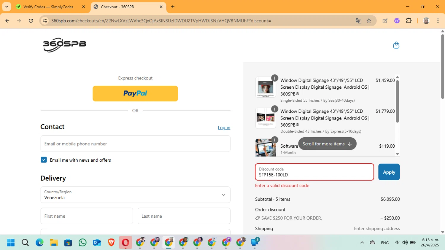 360SPB promo code screenshot showing code SFP15E-100LD applied at 360SPB checkout page. Uploaded by SimplyCodes community member ManuelF on Apr 26, 2025
