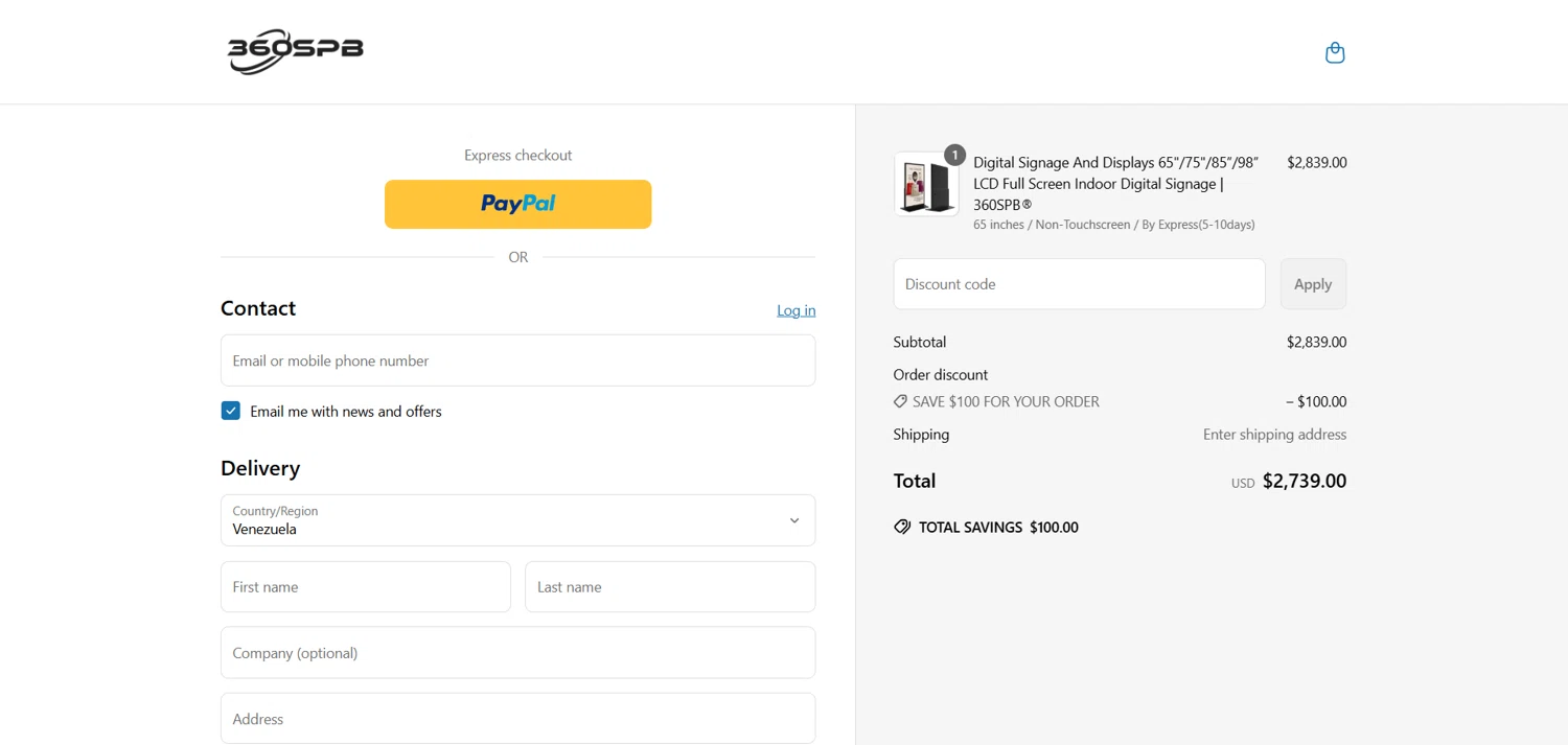 360SPB promo code screenshot showing code SAVE$100FORYOURORDER applied at 360SPB checkout page. Uploaded by SimplyCodes community member marielysmorales on May 23, 2025