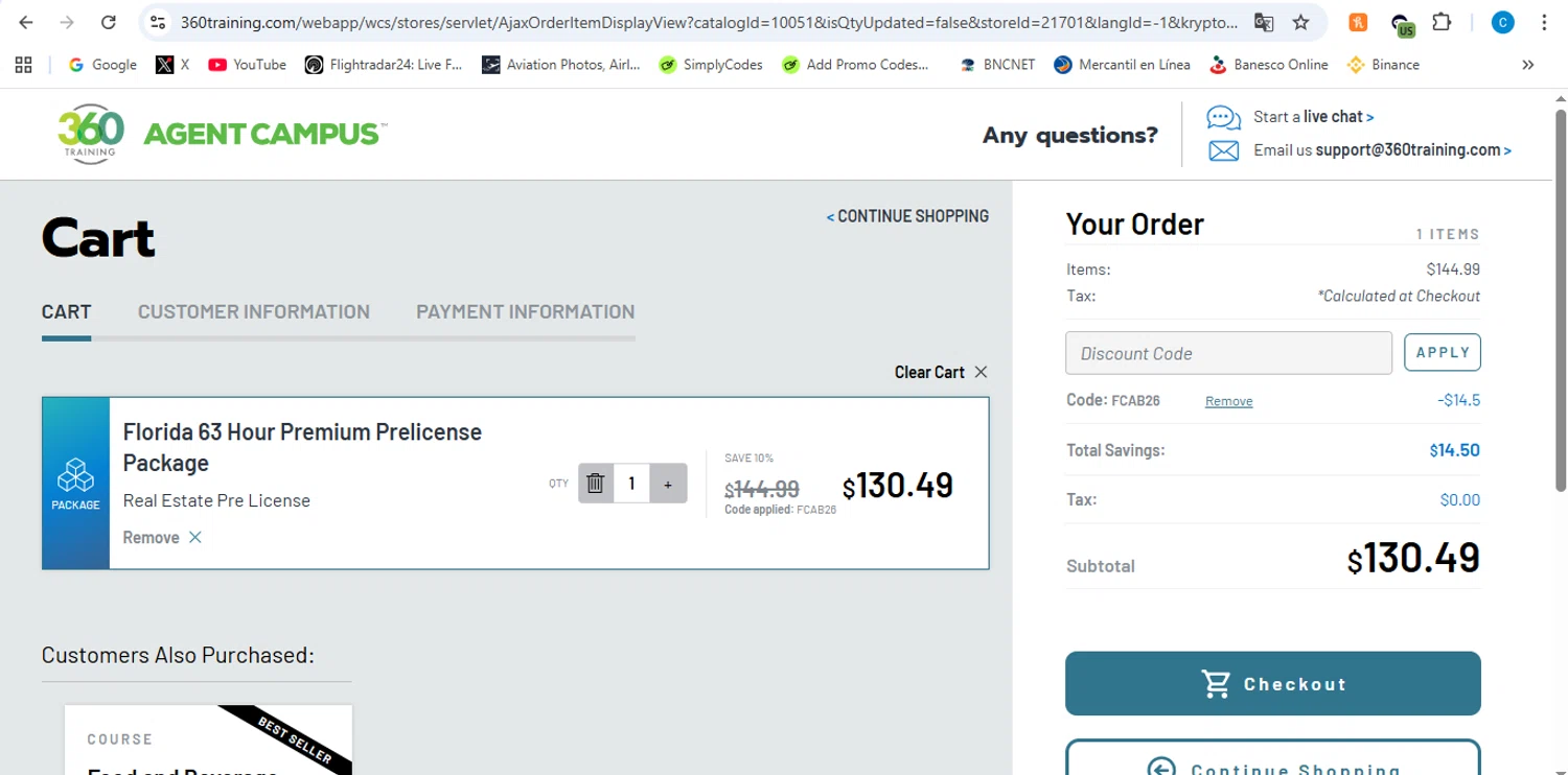 360Training promo code screenshot showing code FCAB26 applied at 360Training checkout page. Uploaded by SimplyCodes community member victor on Feb 25, 2026