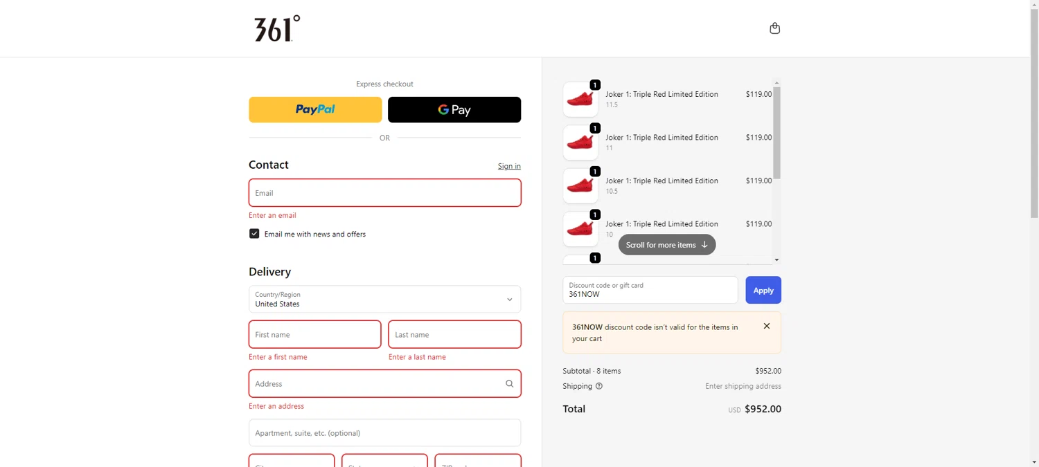 361 USA promo code screenshot showing code 361NOW applied at 361 USA checkout page. Uploaded by SimplyCodes community member ThriftyPhoenix5129 on Nov 18, 2025