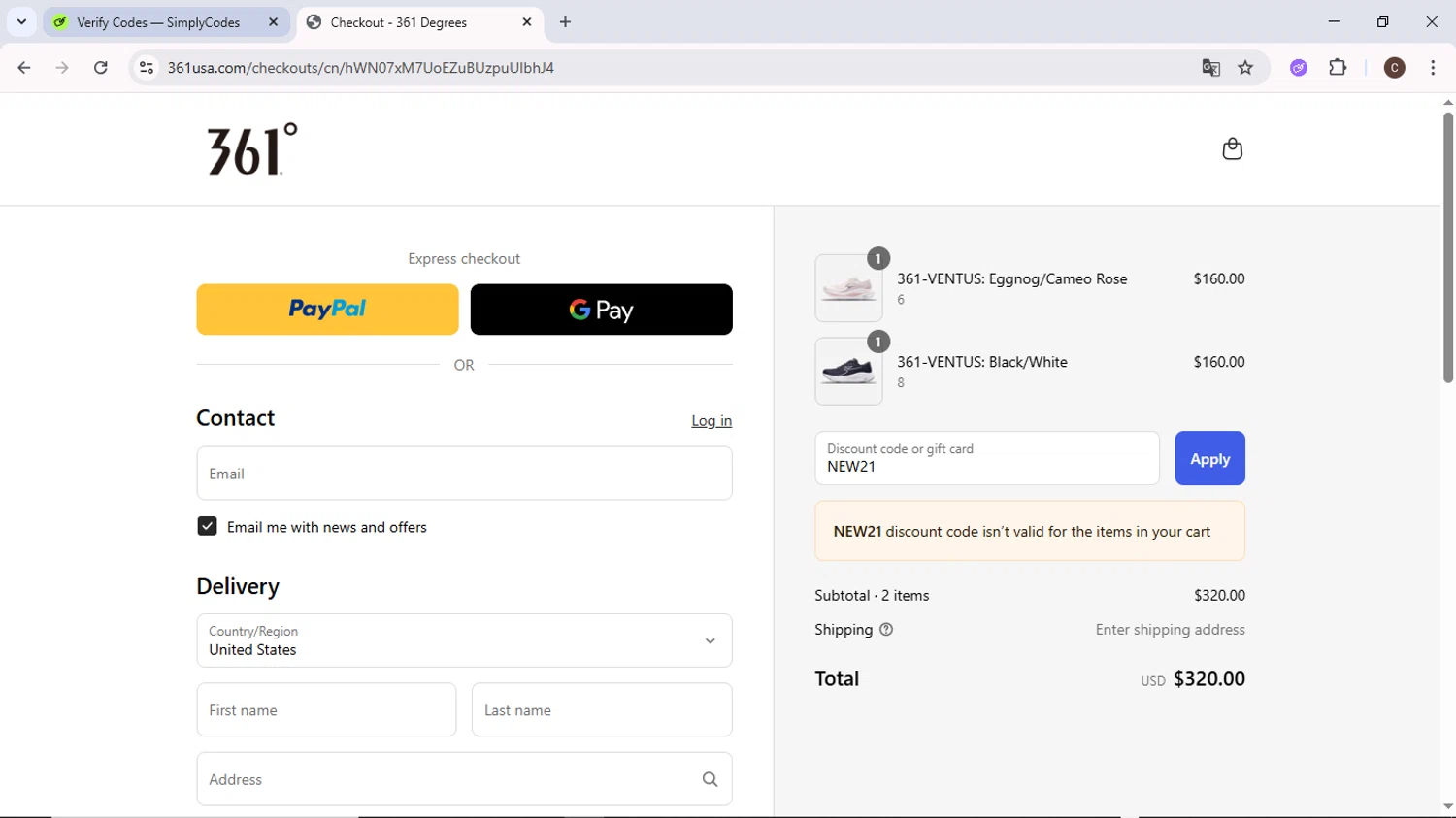 361 USA promo code screenshot showing code NEW21 applied at 361 USA checkout page. Uploaded by SimplyCodes community member MoneyPilot9634 on Jul 1, 2025