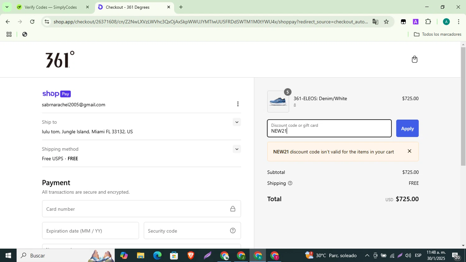 361 USA promo code screenshot showing code NEW21 applied at 361 USA checkout page. Uploaded by SimplyCodes community member ThriftyMaverick3223 on Jan 30, 2025