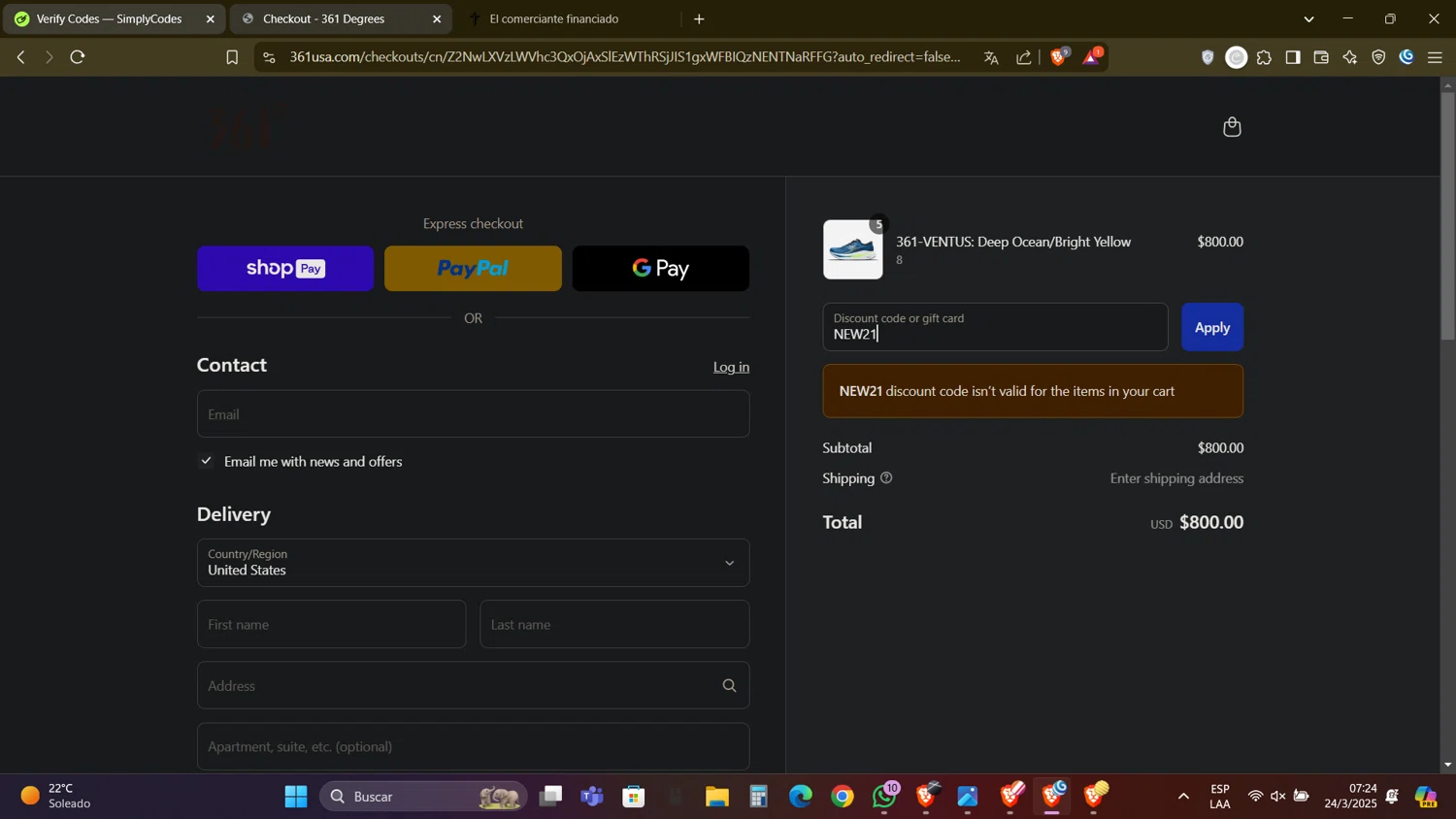 361 USA promo code screenshot showing code NEW21 applied at 361 USA checkout page. Uploaded by SimplyCodes community member DealAdmiral5466 on Mar 24, 2025