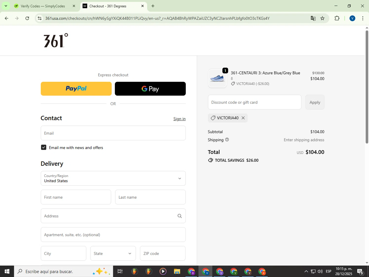 361 USA promo code screenshot showing code VICTORIA40 applied at 361 USA checkout page. Uploaded by SimplyCodes community member Garou_Y2K on Dec 29, 2025