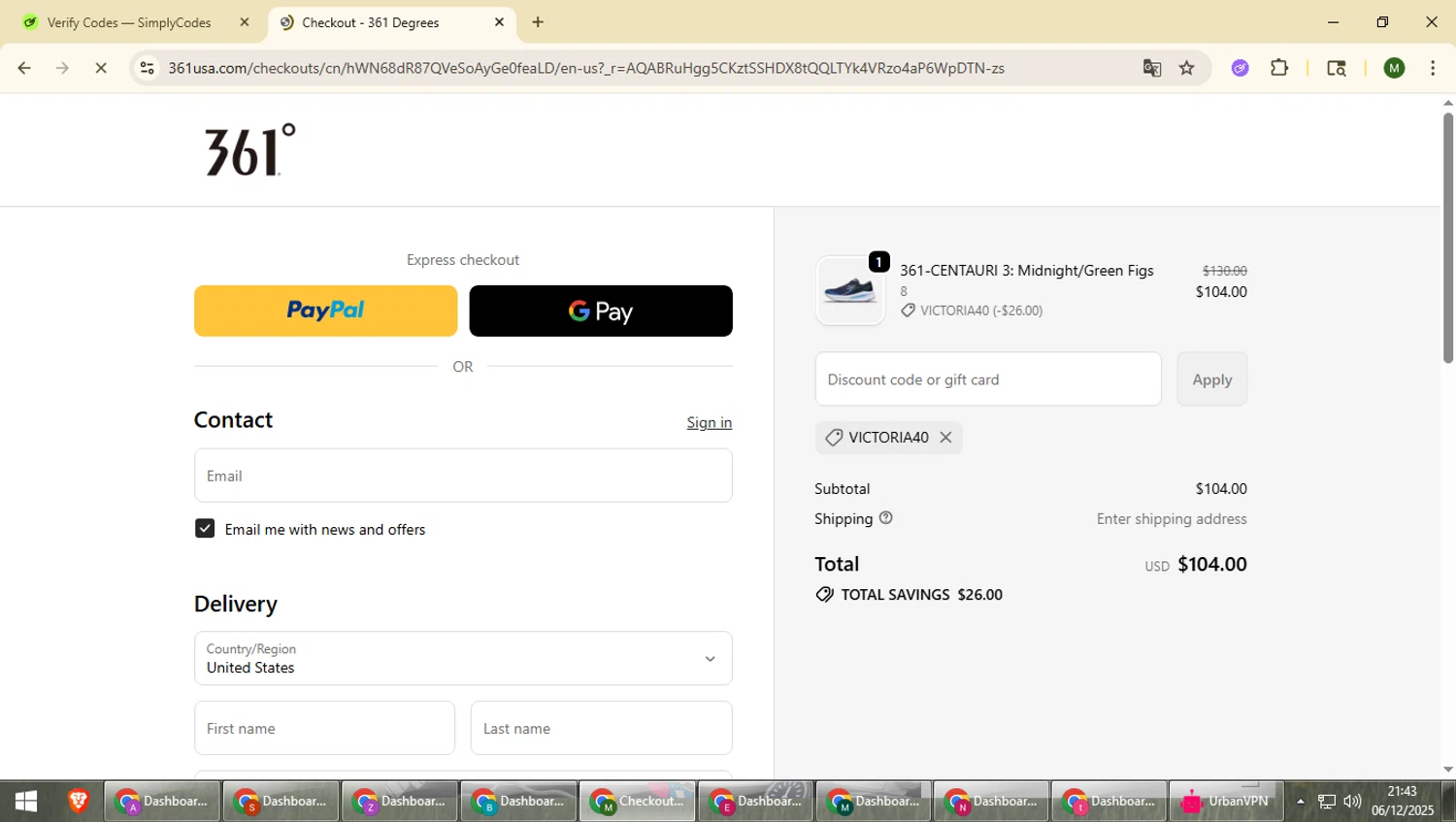 361 USA promo code screenshot showing code VICTORIA40 applied at 361 USA checkout page. Uploaded by SimplyCodes community member loversuper on Dec 7, 2025