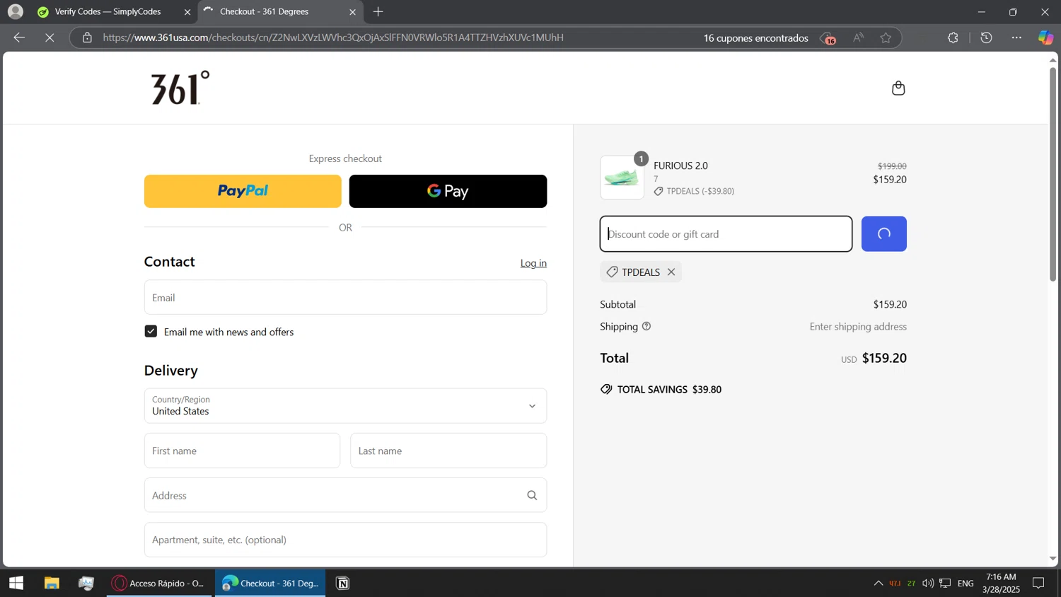 361 USA promo code screenshot showing code TPDEALS applied at 361 USA checkout page. Uploaded by SimplyCodes community member BorgeZzz on Mar 28, 2025