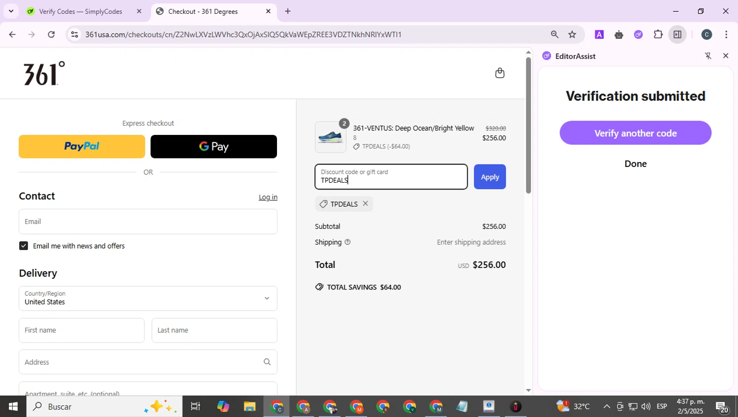 361 USA promo code screenshot showing code TPDEALS applied at 361 USA checkout page. Uploaded by SimplyCodes community member benjamnlev on May 2, 2025