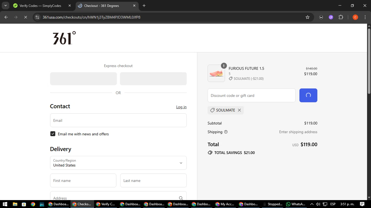 361 USA promo code screenshot showing code SOULMATE applied at 361 USA checkout page. Uploaded by SimplyCodes community member NatanaelCano on Aug 12, 2025