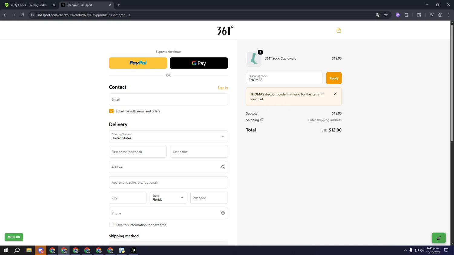 361 Sport discount code screenshot showing code THOMAS applied at 361 Sport checkout page. Uploaded by SimplyCodes community member aaaaaaaaaaaaaaaa on Oct 10, 2025