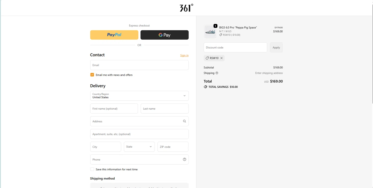 361 Sport discount code screenshot showing code RSW10 applied at 361 Sport checkout page. Uploaded by SimplyCodes community member STEVE20 on Oct 6, 2025