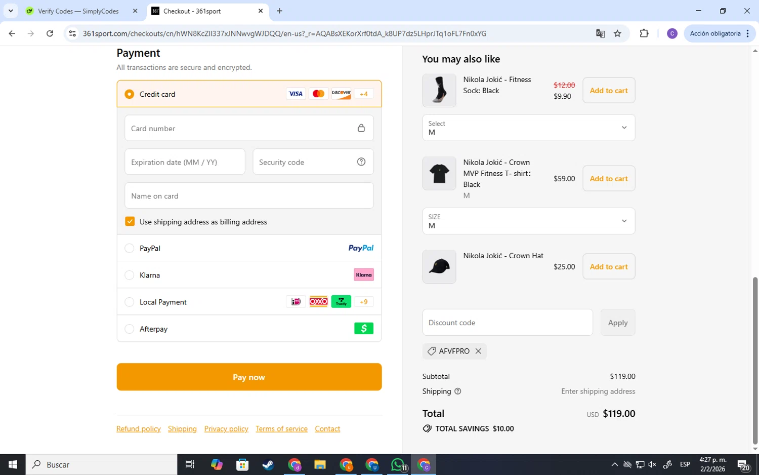 361 Sport checkout page showing 361 Sport discount code box | Screenshot taken by SimplyCodes community member on Feb 2, 2026