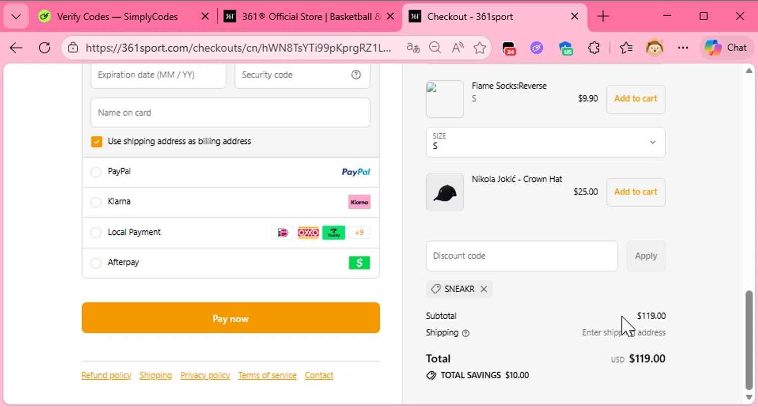 361 Sport checkout page showing 361 Sport discount code box | Screenshot taken by SimplyCodes community member on Feb 6, 2026