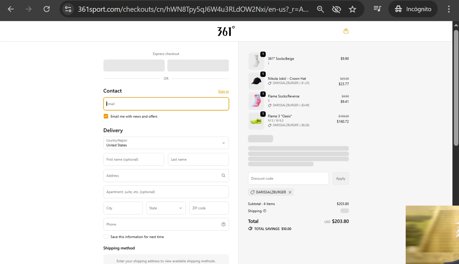 361 Sport discount code screenshot showing code darissalzburger applied at 361 Sport checkout page. Uploaded by SimplyCodes community member anosesmith on Feb 6, 2026