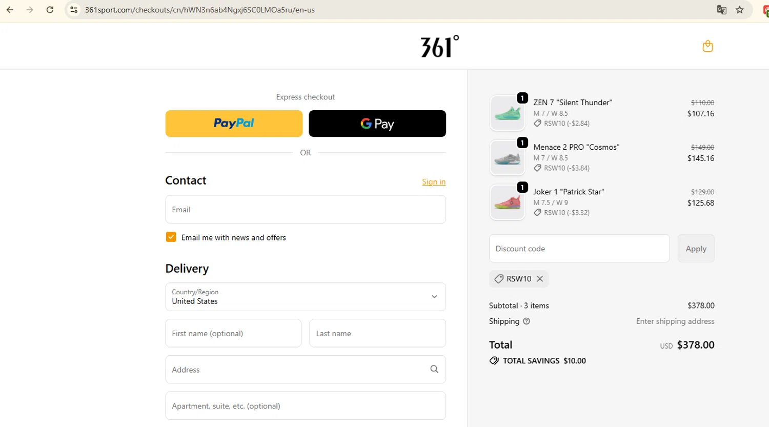 361 Sport discount code screenshot showing code RSW10 applied at 361 Sport checkout page. Uploaded by SimplyCodes community member manu_sito20 on Oct 6, 2025