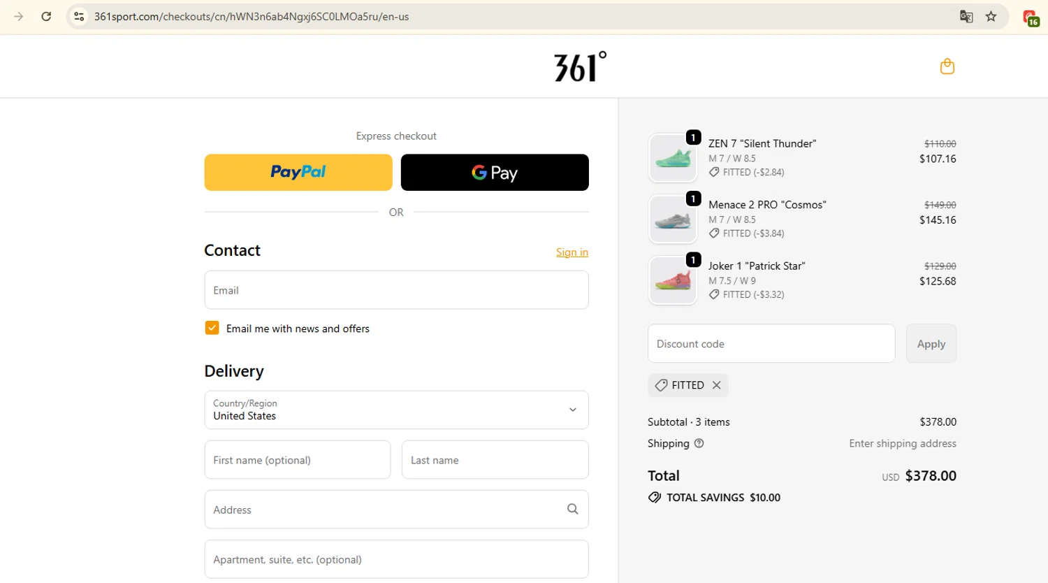 361 Sport discount code screenshot showing code FITTED applied at 361 Sport checkout page. Uploaded by SimplyCodes community member manu_sito20 on Oct 6, 2025